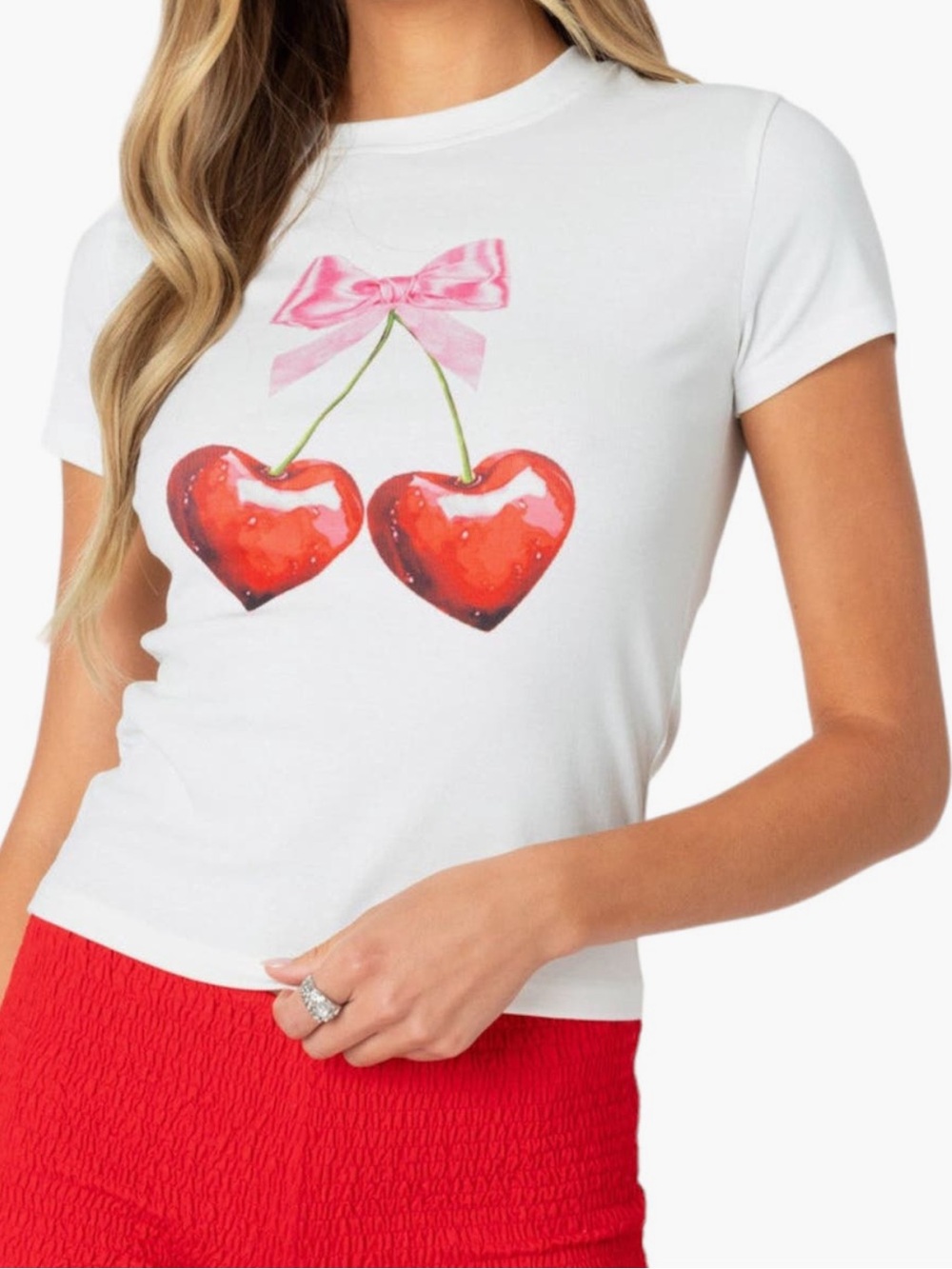 **NWT** Edikted Cherry Heart Graphic Baby Tee - Size XL, White/Red/Pink